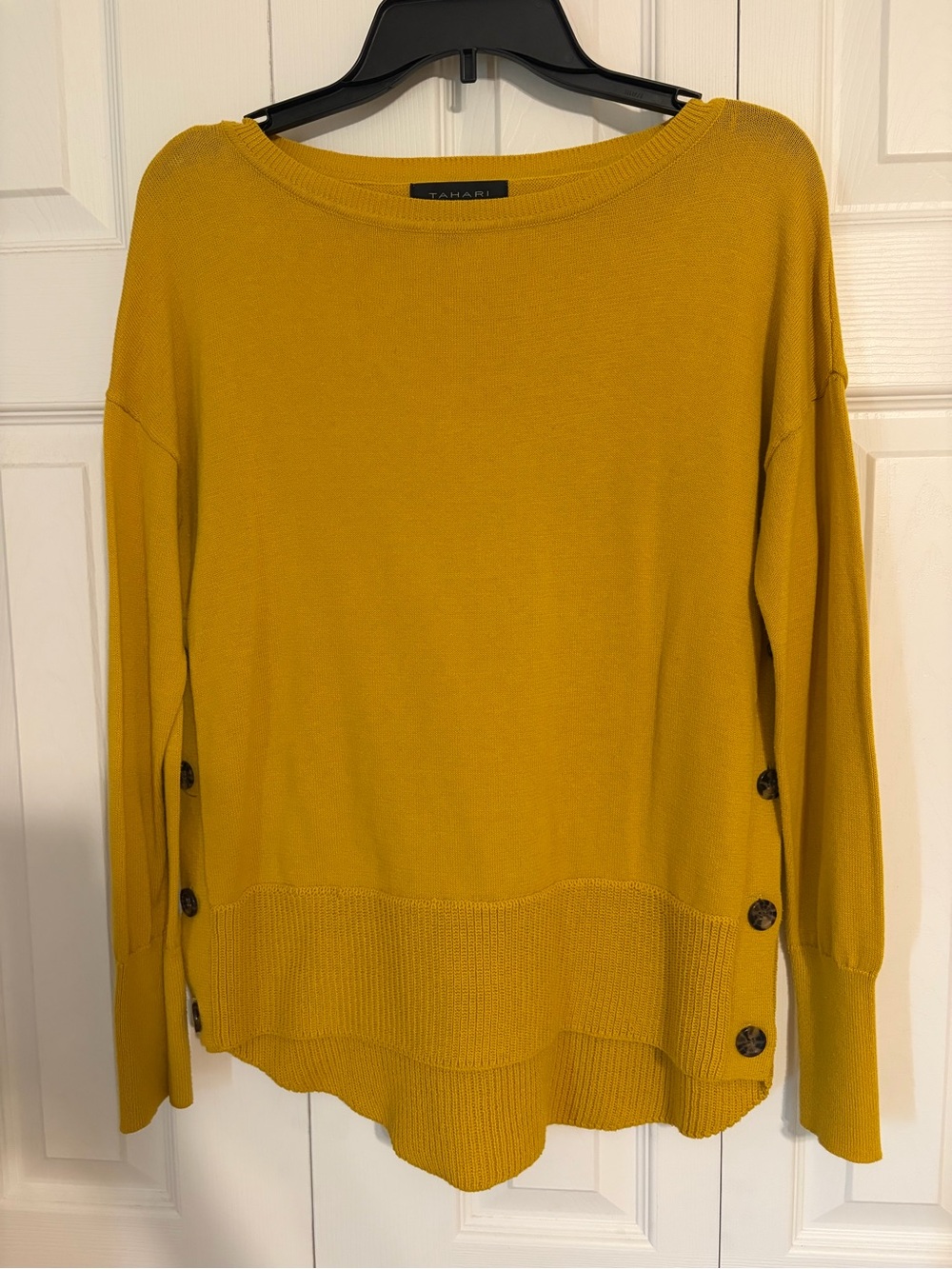 Tahari Mustard Button-Side Crewneck Sweater